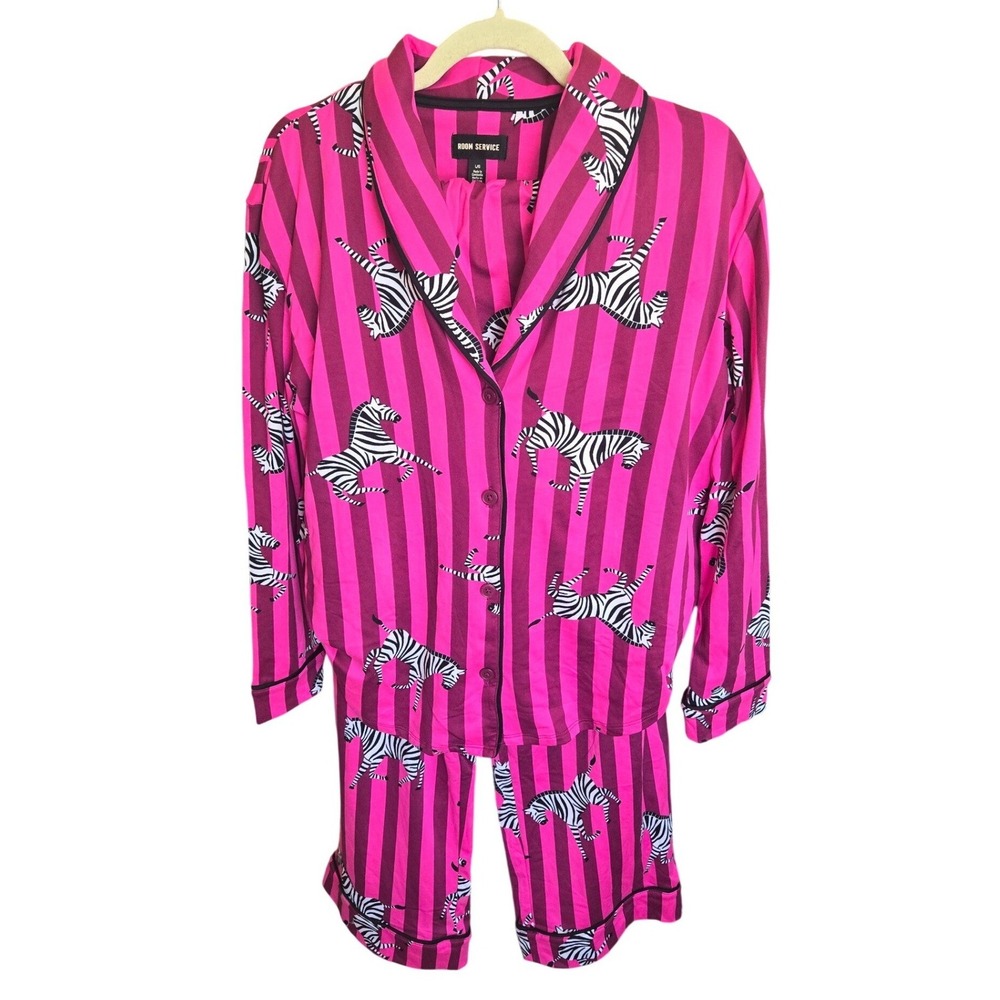 Room Service Womens 2-Piece Pajama Set Pink Zebra Stripe PJs Long Sleeve Large